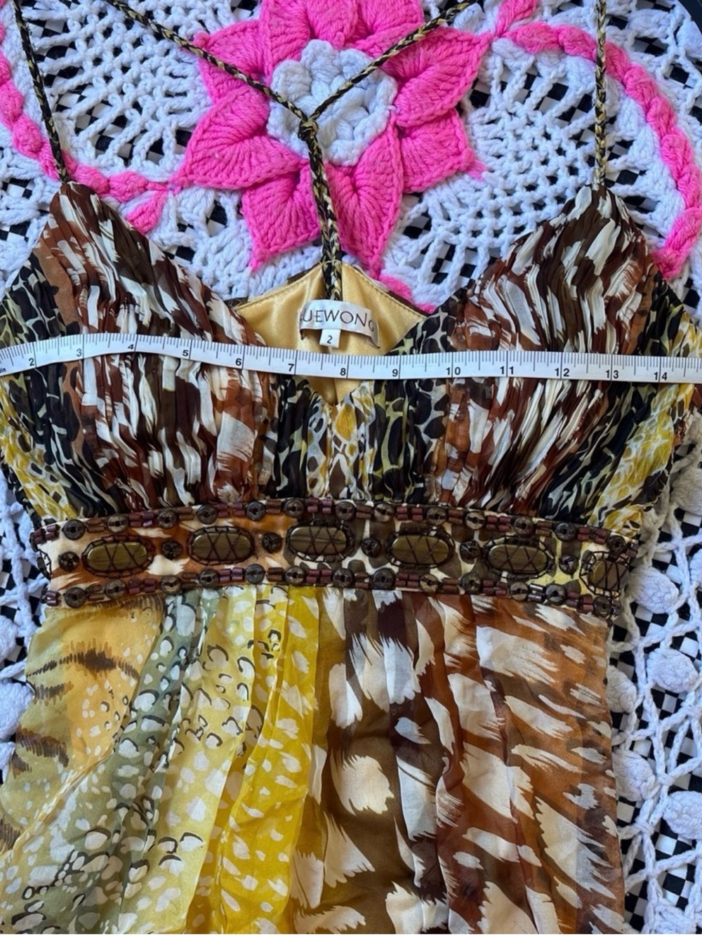 Sue Wong Yellow Brown Animal-Print Mini Dress - Picture 8 of 10